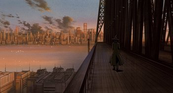 Movie still from “Cowboy Bebop: The Movie” (2001), directed by Yoshiyuki Takei – A man walking on a bridge over a body of water; Extreme Wide shot, High angle