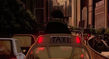 Movie still from “Cowboy Bebop: The Movie” (2001), directed by Yoshiyuki Takei – A man riding in the back of a yellow taxi cab; Wide shot, Low angle