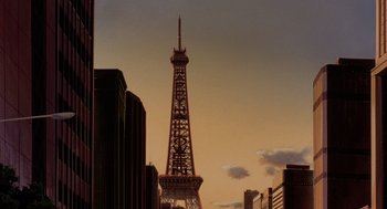 Movie still from “Cowboy Bebop: The Movie” (2001), directed by Yoshiyuki Takei – The eiffel tower is lit up at sunset; Extreme Wide shot, Low angle