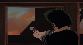 Movie still from “Cowboy Bebop: The Movie” (2001), directed by Yoshiyuki Takei – A man holding a gun while standing in front of a window; Medium shot, Low angle