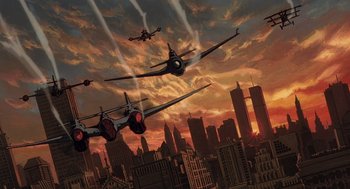Movie still from “Cowboy Bebop: The Movie” (2001), directed by Yoshiyuki Takei – An artistic painting of planes flying over a city at sunset; Extreme Wide shot, Low angle