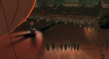Movie still from “Cowboy Bebop: The Movie” (2001), directed by Yoshiyuki Takei – A group of people standing in a stadium; Extreme Wide shot, High angle