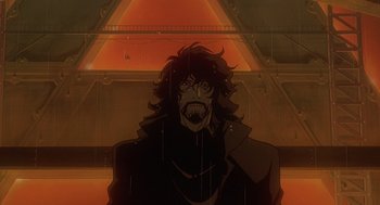 Movie still from “Cowboy Bebop: The Movie” (2001), directed by Yoshiyuki Takei – A person with long black hair; Close Up shot, Low angle