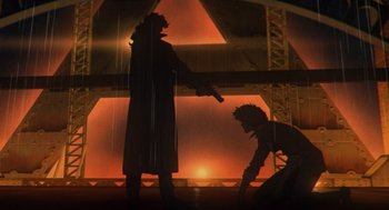 Movie still from “Cowboy Bebop: The Movie” (2001), directed by Yoshiyuki Takei – A man and a woman standing next to each other holding guns; Wide shot, Low angle