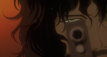 Movie still from “Cowboy Bebop: The Movie” (2001), directed by Yoshiyuki Takei – A woman's face in a dark room; Extreme Close Up shot, Low angle