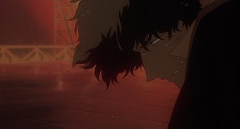 Movie still from “Cowboy Bebop: The Movie” (2001), directed by Yoshiyuki Takei – A person's face in a room; Close Up shot, Over the shoulder angle