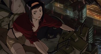Movie still from “Cowboy Bebop: The Movie” (2001), directed by Yoshiyuki Takei – An animated woman riding on top of an airplane; Medium shot, Low angle