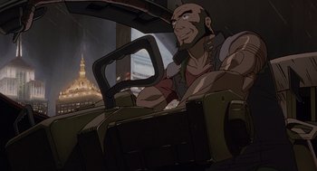 Movie still from “Cowboy Bebop: The Movie” (2001), directed by Yoshiyuki Takei – An image of an animated character in a car; Medium shot, Low angle
