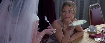 Movie still from “Coyote Ugly” (2000), directed by David McNally – A woman is holding a fork and a cup; Medium shot, Over the shoulder angle