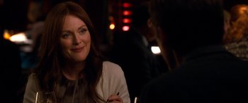 Movie still from “Crazy, Stupid, Love.” (2011), directed by Glenn Ficarra – Julianne moore at a dinner table in a restaurant; Close Up shot, Over the shoulder angle