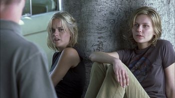 Movie still from “Crazy/Beautiful” (2001), directed by John Stockwell – Two young women sitting on the ground next to each other; Medium shot, Over the shoulder angle