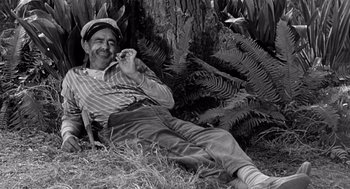 Movie still from “Creature from the Black Lagoon” (1954), directed by Jack Arnold – An old photo of a man laying on the ground; Medium shot, High angle