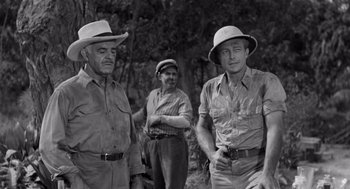 Movie still from “Creature from the Black Lagoon” (1954), directed by Jack Arnold – A group of men standing next to each other in a forest; Medium shot, Low angle
