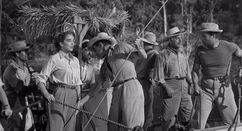 Movie still from “Creature from the Black Lagoon” (1954), directed by Jack Arnold – A group of men and women standing next to each other; Medium shot, Low angle