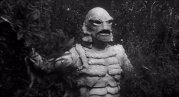 Movie still from “Creature from the Black Lagoon” (1954), directed by Jack Arnold – The creature from the black lagoon is standing next to a bush; Medium shot, High angle