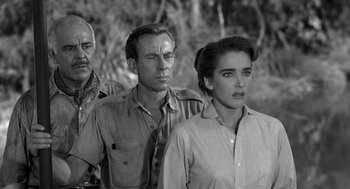 Movie still from “Creature from the Black Lagoon” (1954), directed by Jack Arnold – A black and white photo of a man and two women; Medium shot, High angle