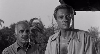 Movie still from “Creature from the Black Lagoon” (1954), directed by Jack Arnold – Two men standing next to each other on a sunny day; Medium shot, Low angle