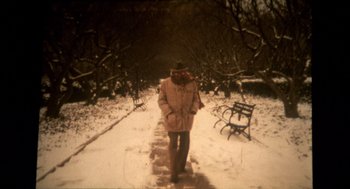 Movie still from “Crimes and Misdemeanors” (1989), directed by Woody Allen – A man walking down a snowy path in a park; Wide shot, High angle