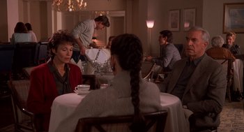 Movie still from “Crimes and Misdemeanors” (1989), directed by Woody Allen – A group of people sitting at a table in a restaurant; Medium shot, Over the shoulder angle
