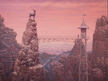 Movie still from “The Grand Budapest Hotel” (2014), directed by Wes Anderson – A painting of a deer standing on top of a bridge; Extreme Wide shot, Low angle