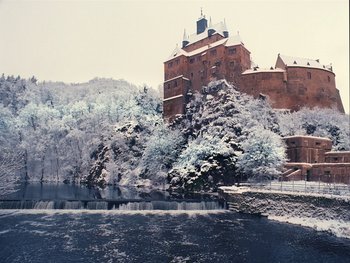 Movie still from “The Grand Budapest Hotel” (2014), directed by Wes Anderson – A castle with snow on the top of it's walls; Extreme Wide shot, Low angle