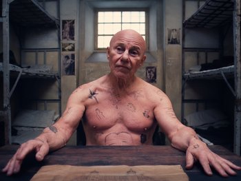 Movie still from “The Grand Budapest Hotel” (2014), directed by Wes Anderson – An old man sitting at a table with tattoos on his arms and chest; Medium shot, High angle