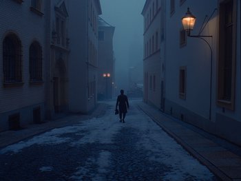 Movie still from “The Grand Budapest Hotel” (2014), directed by Wes Anderson – A person walking down a street in the fog; Extreme Wide shot, Low angle