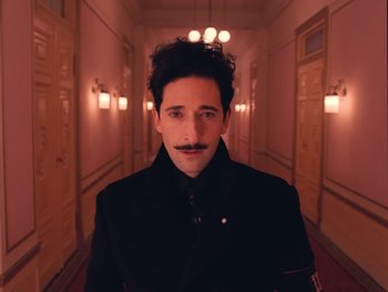 Movie still from “The Grand Budapest Hotel” (2014), directed by Wes Anderson – A man in a black jacket standing in a hallway; Close Up shot, Low angle