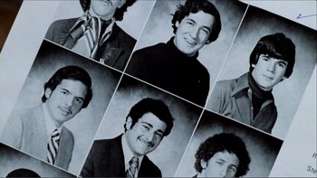 Movie still from “Cruising” (1980), directed by William Friedkin – A series of photographs of a man's faces in black and white; Extreme Close Up shot, Overhead angle