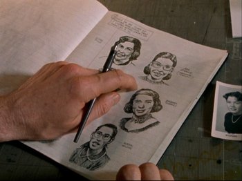 Movie still from “Crumb” (1994), directed by Terry Zwigoff – A hand is holding a pen and a notebook with pictures of people; Extreme Close Up shot, Overhead angle