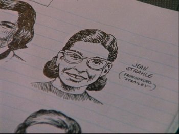 Movie still from “Crumb” (1994), directed by Terry Zwigoff – A drawing of a woman with glasses; Extreme Close Up shot, Overhead angle