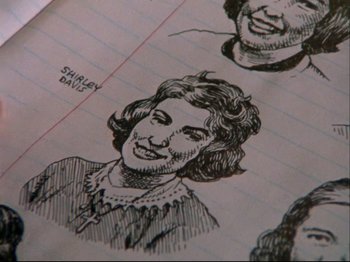 Movie still from “Crumb” (1994), directed by Terry Zwigoff – A drawing of a woman's face; Extreme Close Up shot, Overhead angle