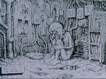 Movie still from “Crumb” (1994), directed by Terry Zwigoff – A drawing of a man sitting on the ground; Extreme Close Up shot, Overhead angle