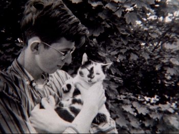 Movie still from “Crumb” (1994), directed by Terry Zwigoff – A man holding a cat in his arms in front of a bush; Close Up shot, High angle