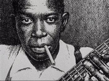 Movie still from “Crumb” (1994), directed by Terry Zwigoff – A black - and - white photo of a man smoking a cigarette; Extreme Close Up shot, Low angle