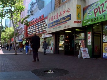 Movie still from “Crumb” (1994), directed by Terry Zwigoff – People walking on the sidewalk in front of an asian restaurant; Wide shot, High angle