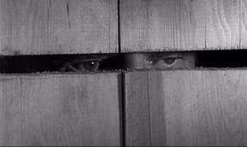 Movie still from “Cul-de-sac” (1966), directed by Roman Polanski – A black and white photo of a person's eyes peeking through a fence; Extreme Close Up shot, Low angle
