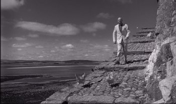 Movie still from “Cul-de-sac” (1966), directed by Roman Polanski – A man standing on top of a stone wall near a flock of birds; Wide shot, Low angle