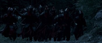Movie still from “Curse of the Golden Flower” (2006), directed by Yimou Zhang – A group of people dressed in samurai garb; Wide shot, High angle