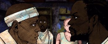 Movie still from “Cut Throat City” (2020), directed by RZA – A group of men standing next to each other; Close Up shot, Over the shoulder angle