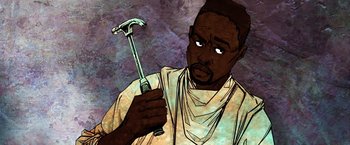 Movie still from “Cut Throat City” (2020), directed by RZA – An illustration of a man holding a wrench; Close Up shot, Overhead angle