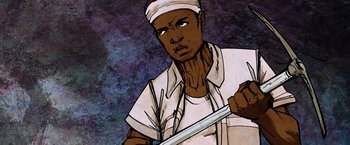 Movie still from “Cut Throat City” (2020), directed by RZA – An illustration of a man holding a sword; Medium shot, High angle