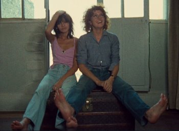 Movie still from “Celine and Julie Go Boating” (1974), directed by Jacques Rivette – Two women sitting on a set of stairs; Medium shot, High angle