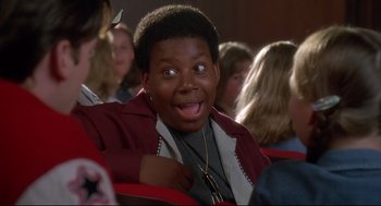 Movie still from “D3: The Mighty Ducks” (1996), directed by Robert Lieberman – A young man sitting in a movie theater with his mouth wide open; Close Up shot, High angle