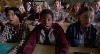 Movie still from “D3: The Mighty Ducks” (1996), directed by Robert Lieberman – A group of people sitting in a classroom; Medium shot, High angle