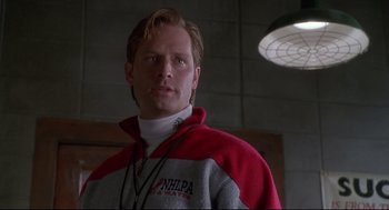 Movie still from “D3: The Mighty Ducks” (1996), directed by Robert Lieberman – A person wearing a jacket; Close Up shot, Low angle