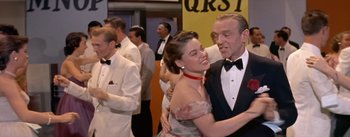Movie still from “Daddy Long Legs” (1955), directed by Jean Negulesco – A man and a woman dancing in formal wear; Medium shot, Over the shoulder angle