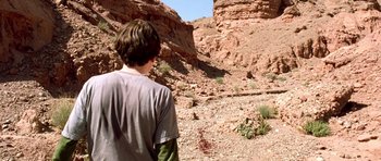 Movie still from “The Hills Have Eyes” (2006), directed by Alexandre Aja – A young man standing on a dirt path in the desert; Wide shot, High angle