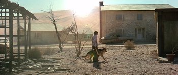 Movie still from “The Hills Have Eyes” (2006), directed by Alexandre Aja – A man and a dog walking in a dirt field; Wide shot, Low angle