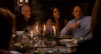 Movie still from “Dan in Real Life” (2007), directed by Peter Hedges – A group of people sitting around a dinner table; Medium shot, Over the shoulder angle